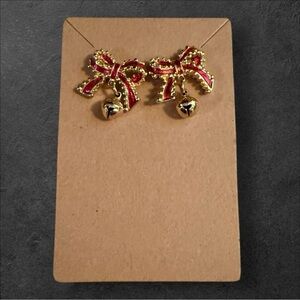Vintage Christmas Red Enamel Bow Jingle Bell Gold Tone Pierced Earring